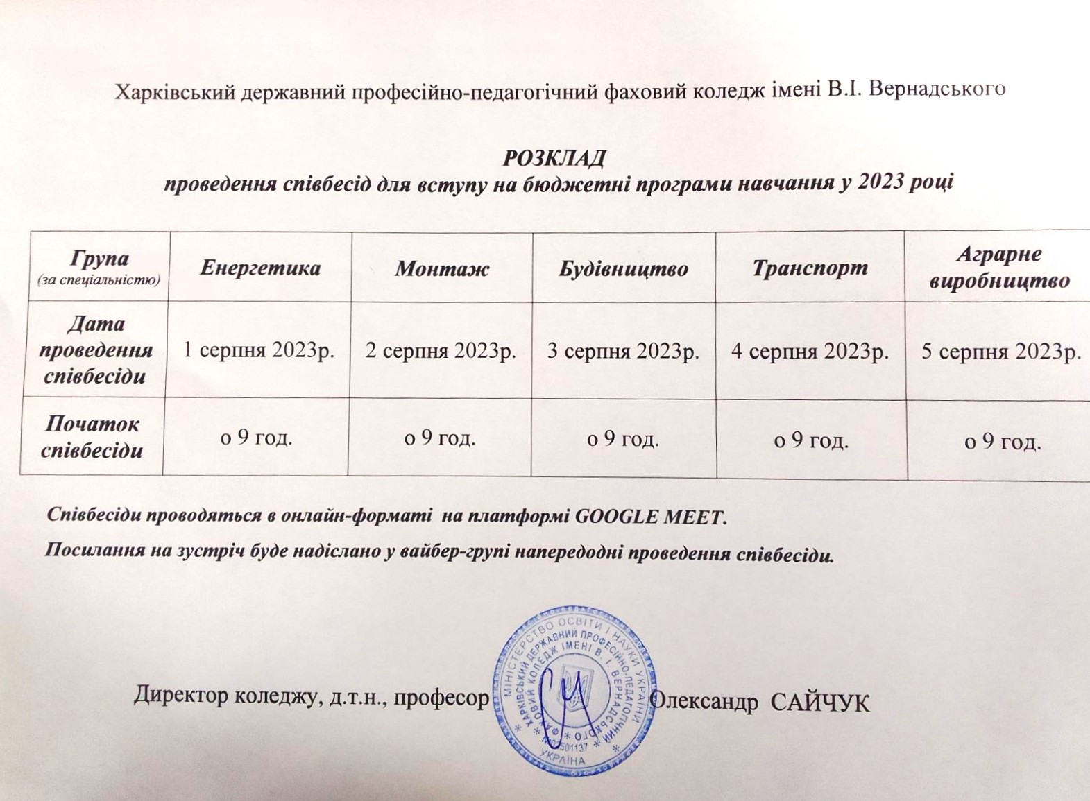 Розклад співбесід 2023